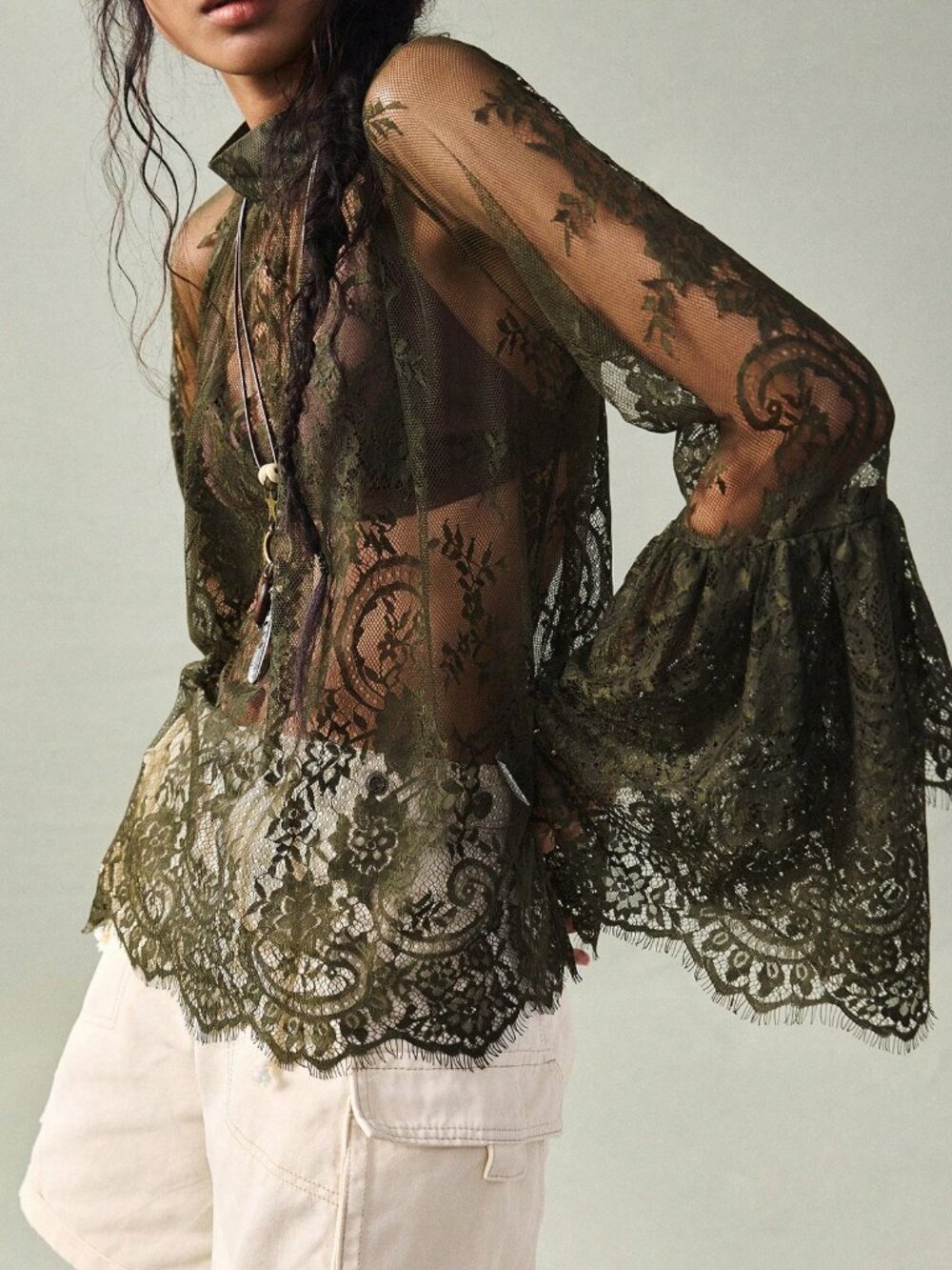 Army Green Elegant Women's Sheer Lace Flowy Sleeve Blouse - Picture 5 of 6